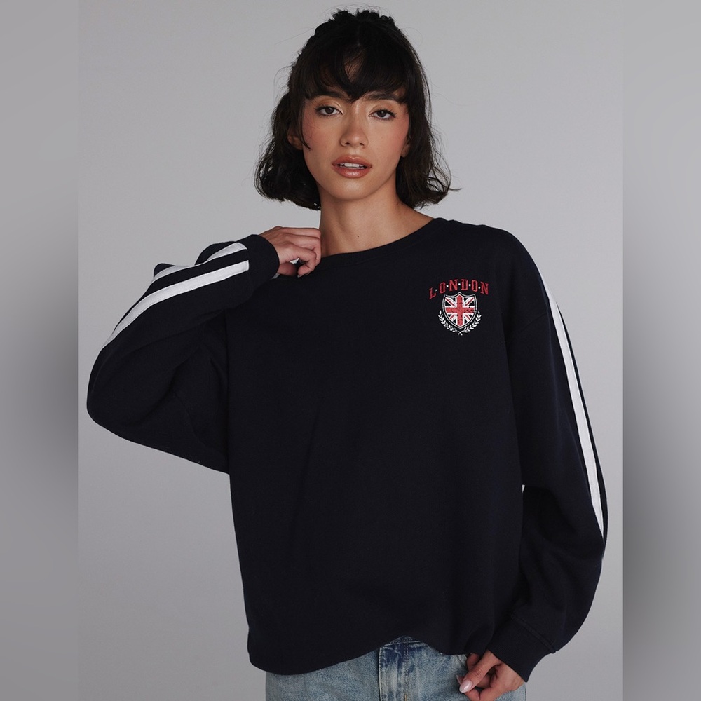 Women’s Navy London Fleece Crewneck Sweatshirt with White Stripes by Fivestar